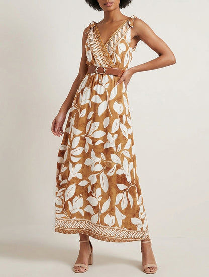 Vestido con estampado de flores tropicales y tirantes para atar - Camello