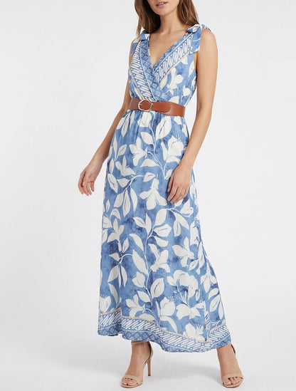 Vestido con estampado de flores tropicales y tirantes para atar - Azul claro