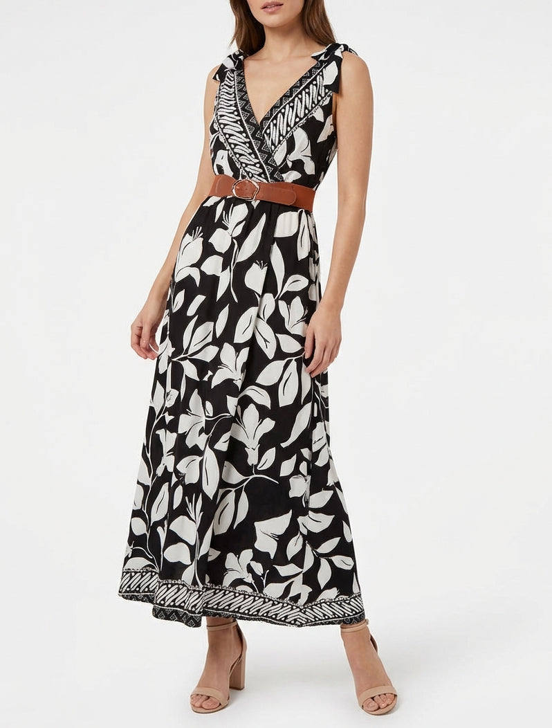 Vestido con estampado de flores tropicales y tirantes para atar - Negro