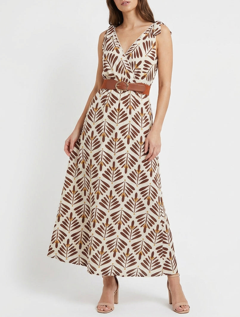 Vestido con estampado gráfico y tirantes para atar - Marrón