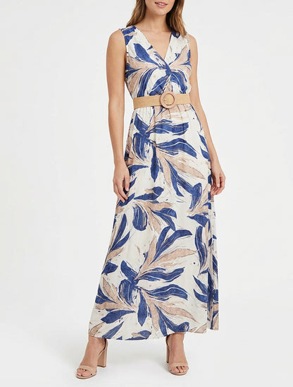 Vestido largo acampanado sin mangas con estampado fantasía - Azul