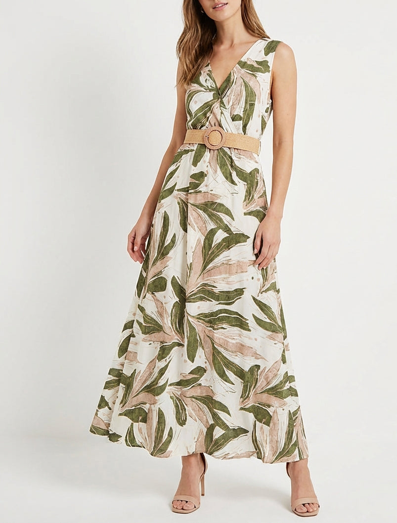 Vestido largo acampanado sin mangas con estampado fantasía - Caqui