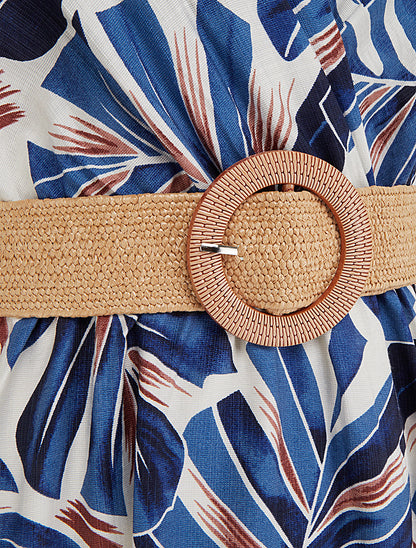 Robe longue évasée sans manches imprimé tropical - Bleu - 3