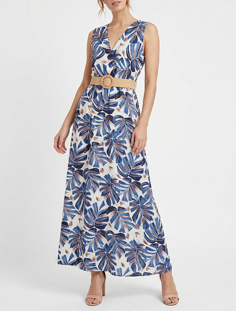 Vestido largo acampanado sin mangas con estampado tropical - Azul