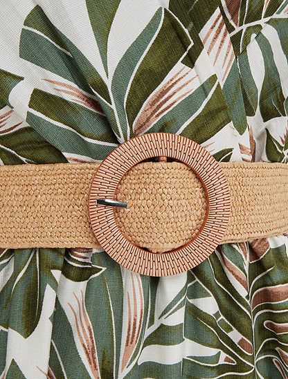 Robe longue évasée sans manches imprimé tropical - Kaki - 3