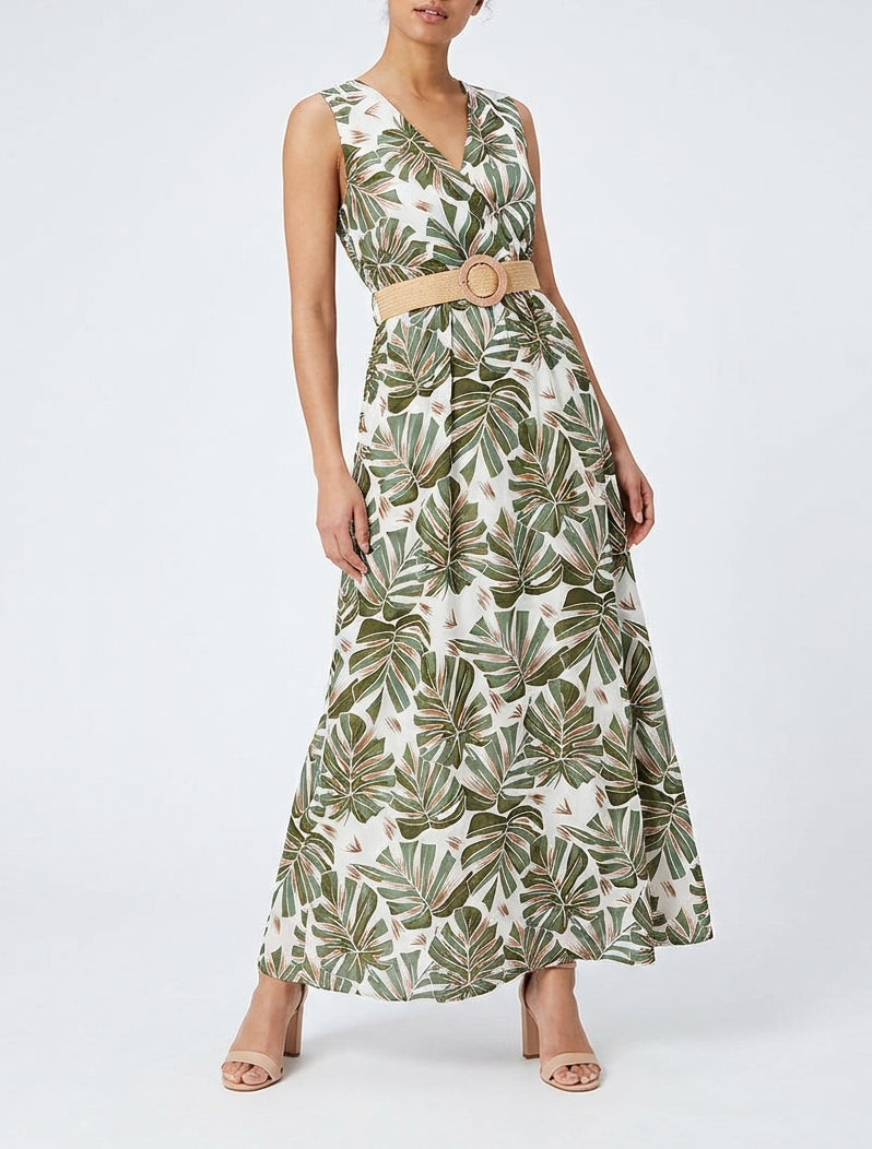 Vestido largo acampanado sin mangas con estampado tropical - Caqui
