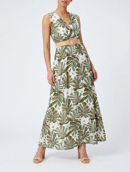 Vestido largo acampanado sin mangas con estampado tropical - Caqui