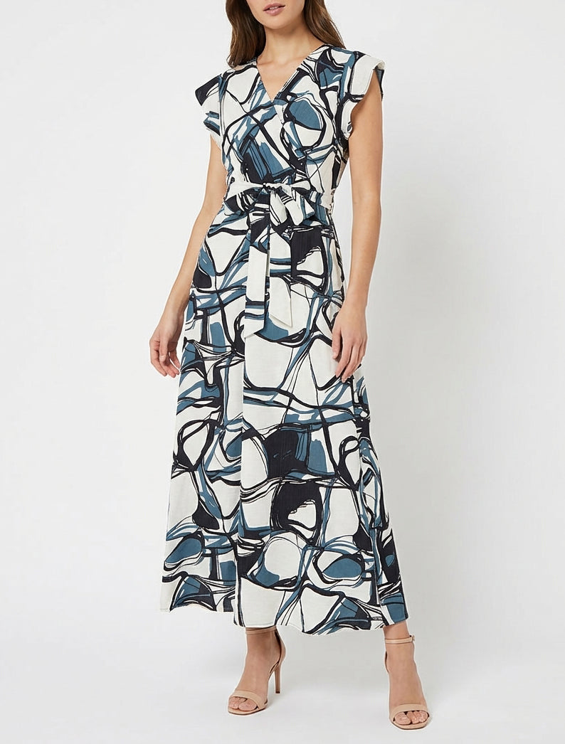 Vestido largo evasé estampado fantasía - Azul/blanco