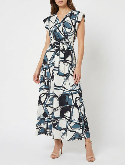 Vestido largo evasé estampado fantasía - Azul/blanco