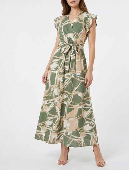 Vestido largo evasé estampado fantasía - Caqui