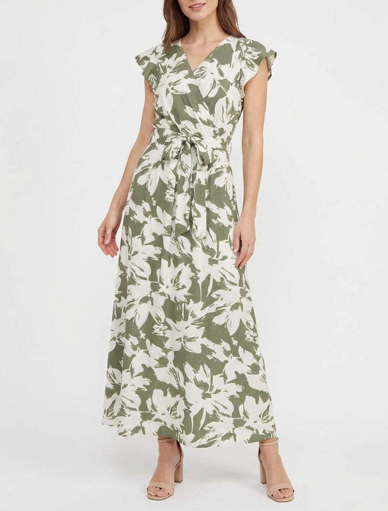 Vestido largo estampado de flores tropicales con mangas cortas. - Caqui
