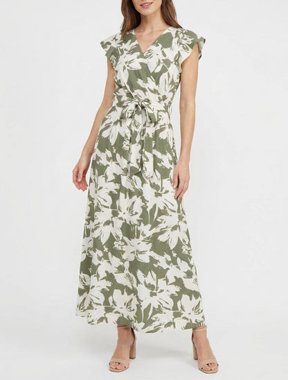 Vestido largo estampado de flores tropicales con mangas cortas. - Caqui
