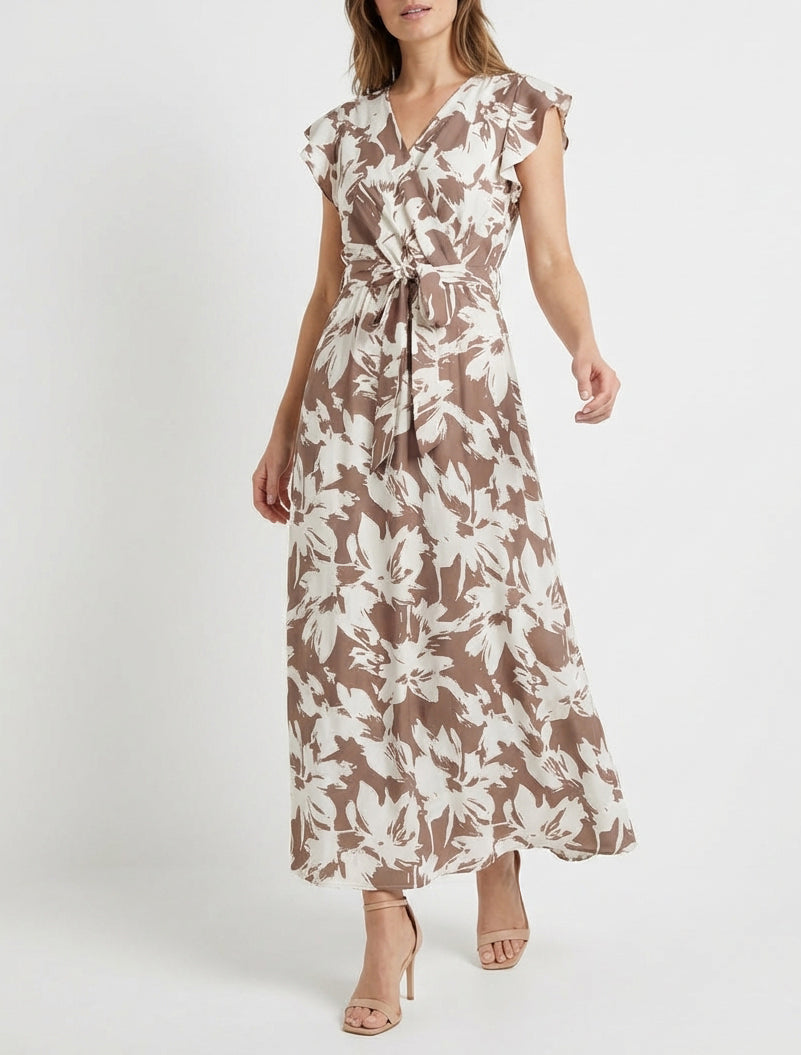 Vestido largo estampado de flores tropicales con mangas cortas. - Marrón