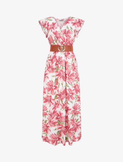 Robe longue imprimé fleuri à manches courtes - Rose - 1