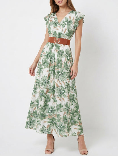 Vestido largo estampado floral de manga corta - Verde