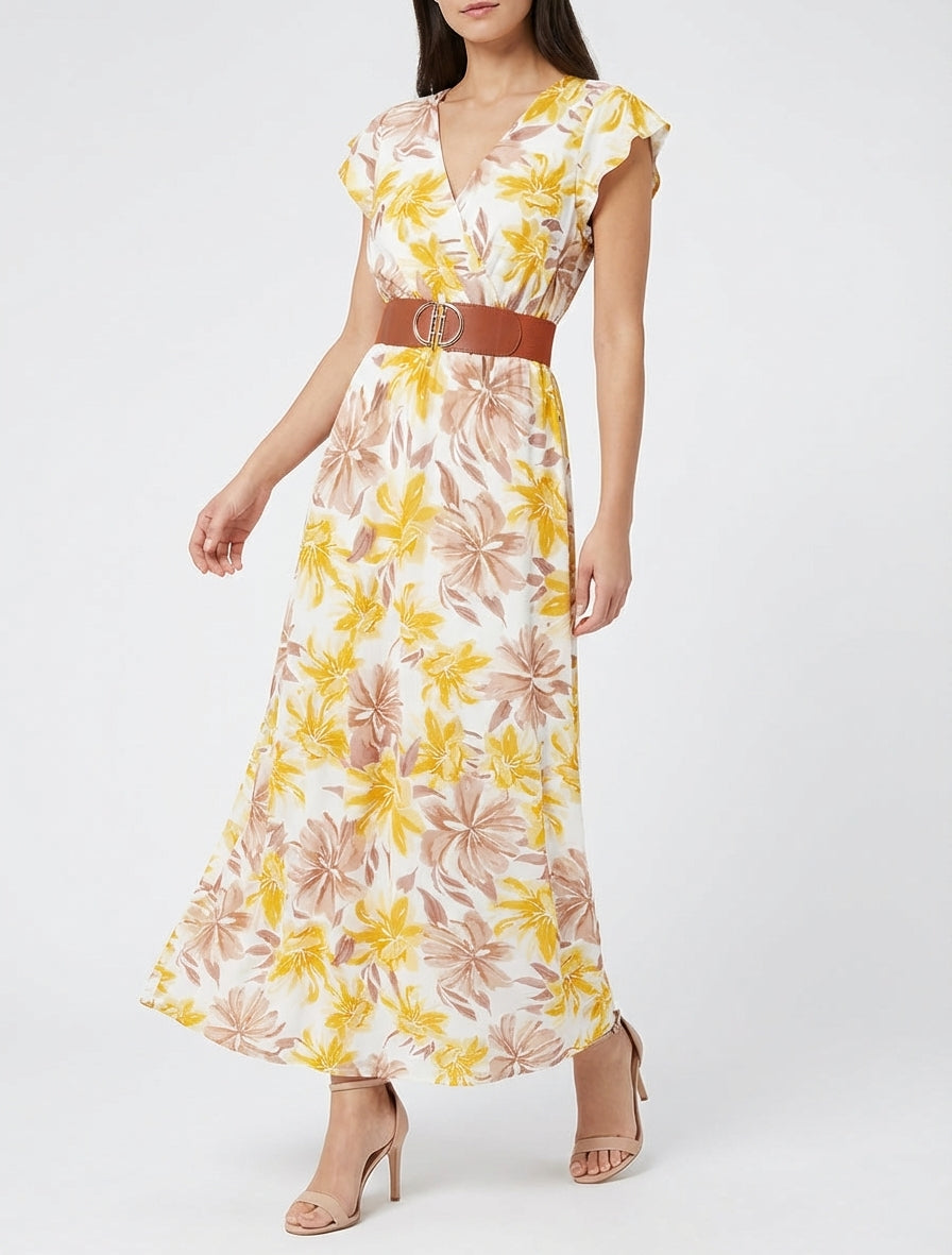 Vestido largo estampado floral de manga corta - Amarillo