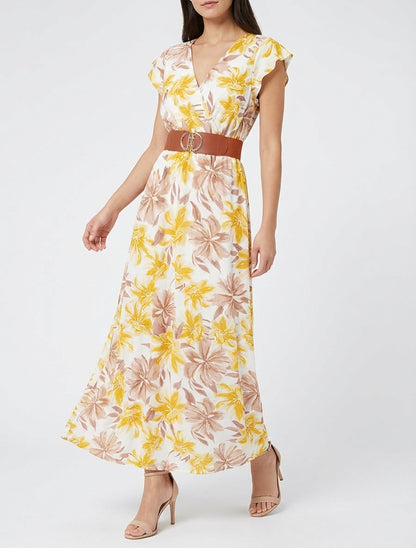 Vestido largo estampado floral de manga corta - Amarillo