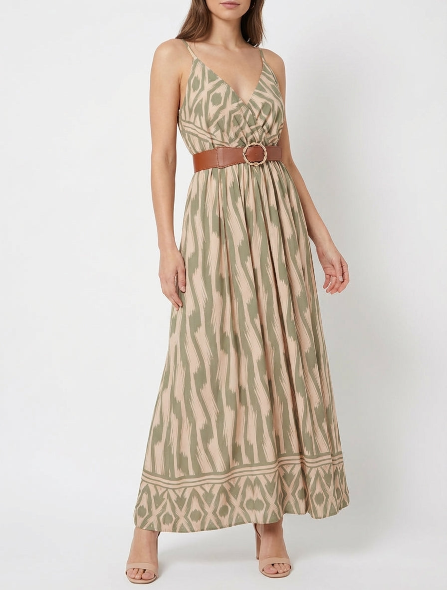 Vestido con cintura elástica y estampado de fantasía - Caqui
