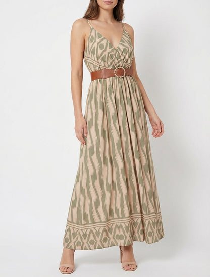 Vestido con cintura elástica y estampado de fantasía - Caqui