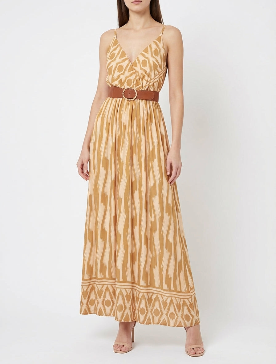 Vestido con cintura elástica y estampado de fantasía - Amarillo mostaza