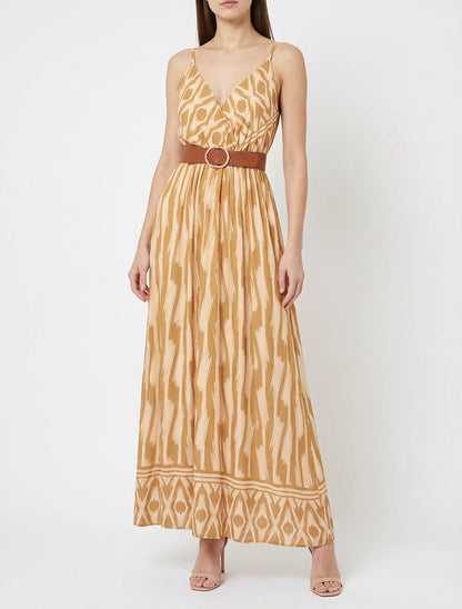 Vestido con cintura elástica y estampado de fantasía - Amarillo mostaza