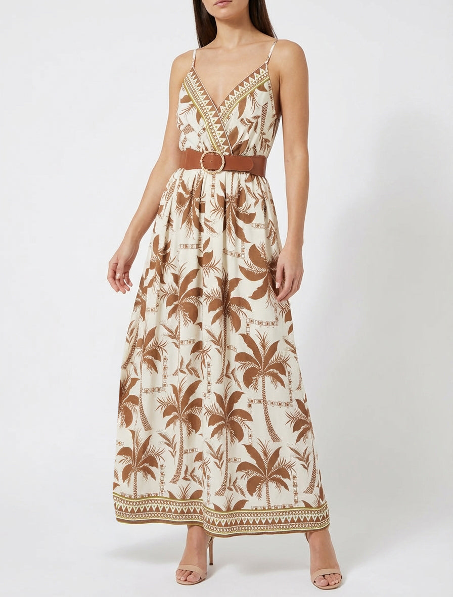 Vestido largo con estampado de palmeras - Marrón