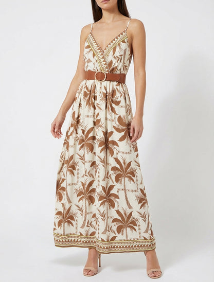 Vestido largo con estampado de palmeras - Marrón