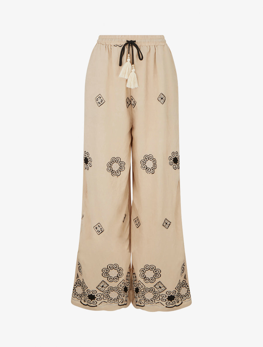 Pantalon brodé à taille haute élastiquée - Beige - 1