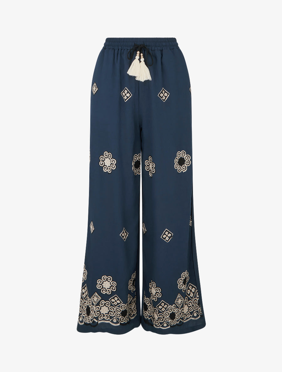 Pantalon brodé à taille haute élastiquée - Marine - 1