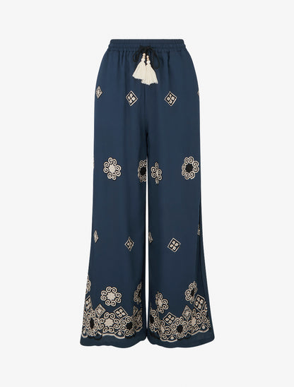 Pantalon brodé à taille haute élastiquée - Marine - 1