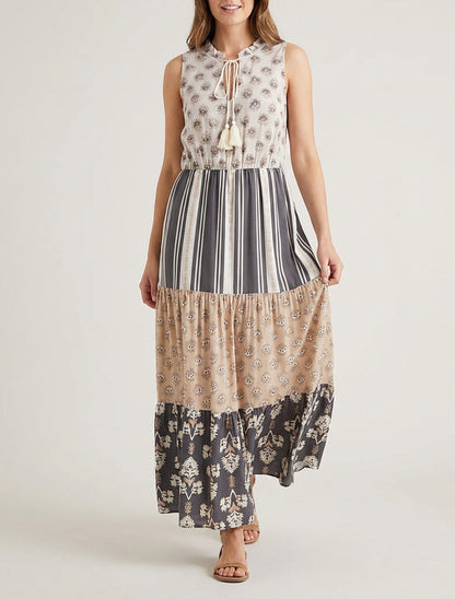 Vestido largo sin mangas con patchwork floral - Negro