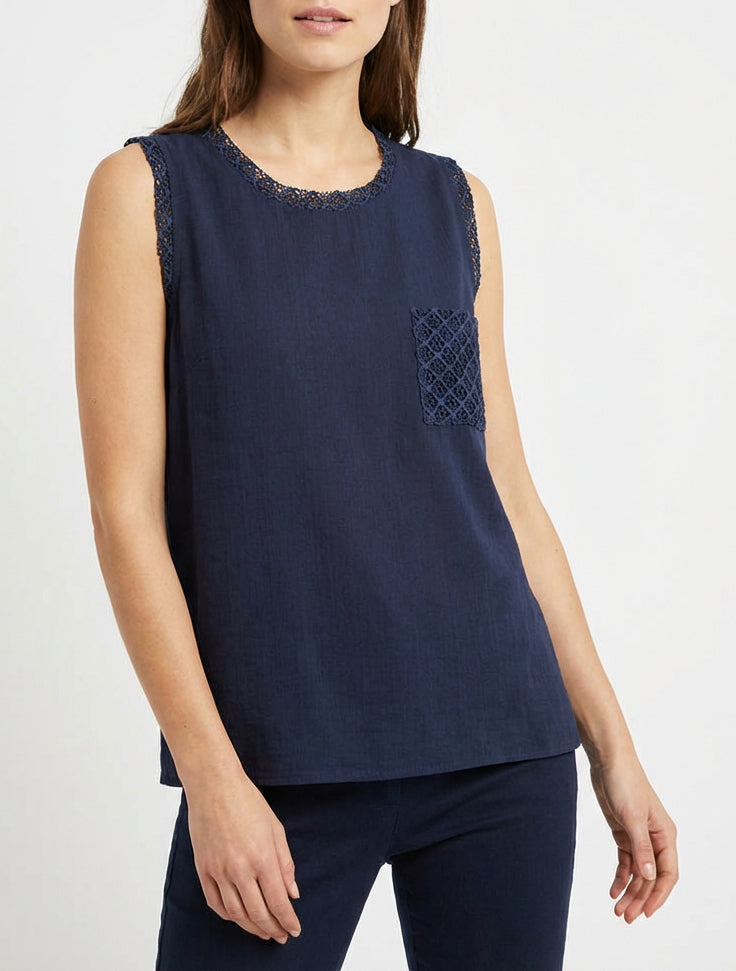 Top sin mangas recto con bolsillo de crochet - Marine