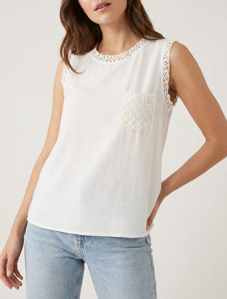 Top sin mangas recto con bolsillo de crochet - Crudo