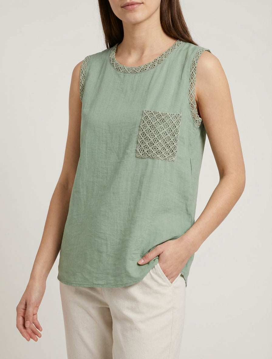 Top sin mangas recto con bolsillo de crochet - Caqui claro