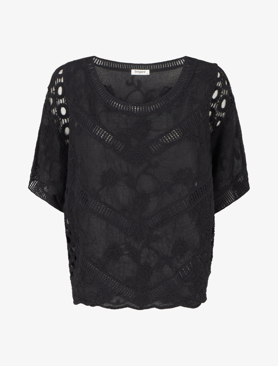 Top ample brodé à manches courtes - Noir - 1