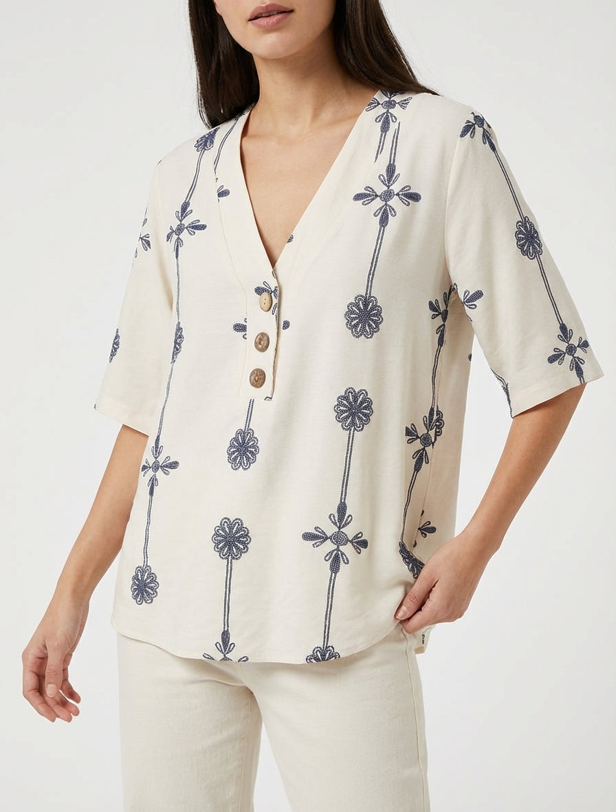Top holgado de mangas cortas con estampado floral - Beis