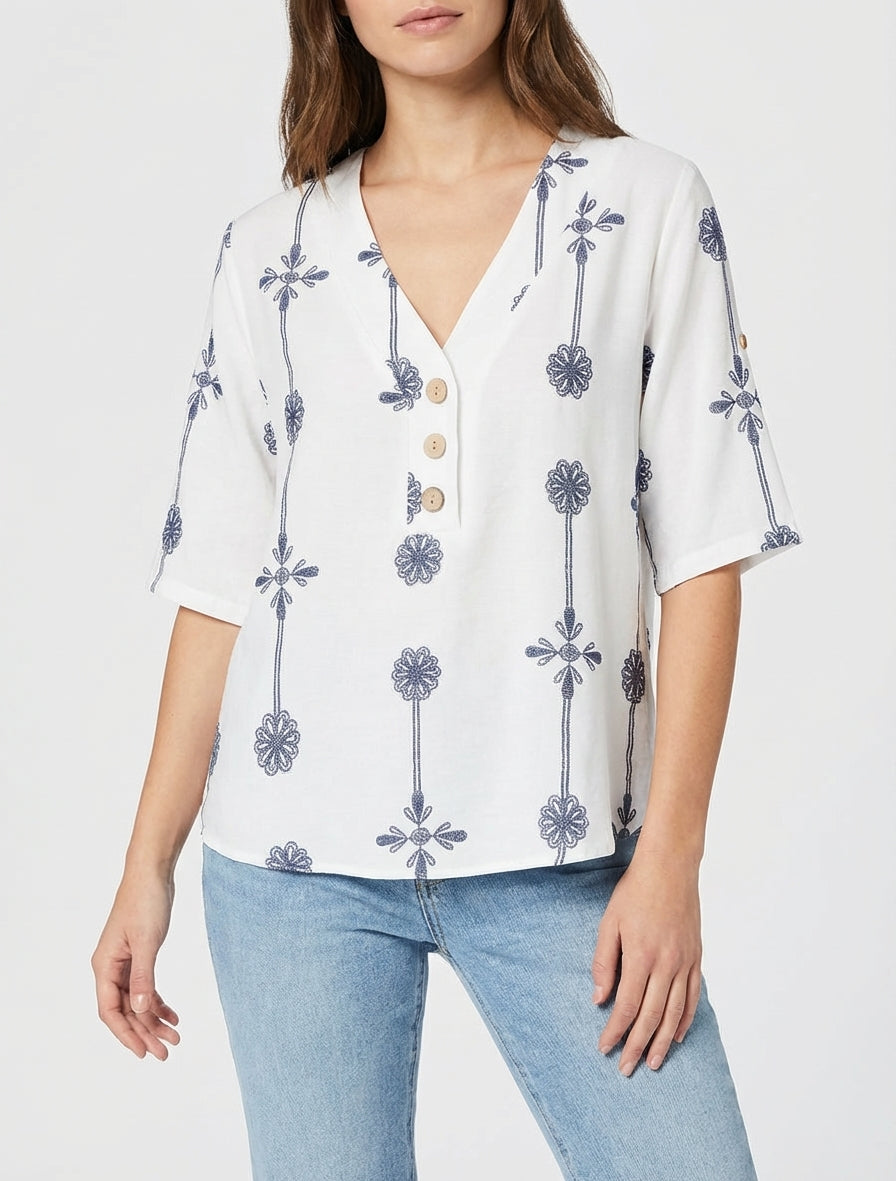 Top holgado de mangas cortas con estampado floral - Blanco