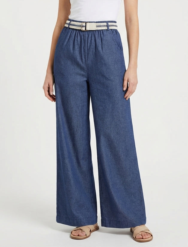 Pantalón ancho de cintura alta con cinturón - Azul bruto