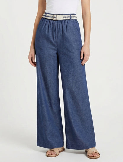 Pantalón ancho de cintura alta con cinturón - Azul bruto