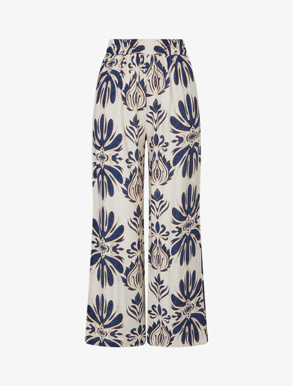 Pantalon ample taille haute imprimé arabesque - Marine - 1