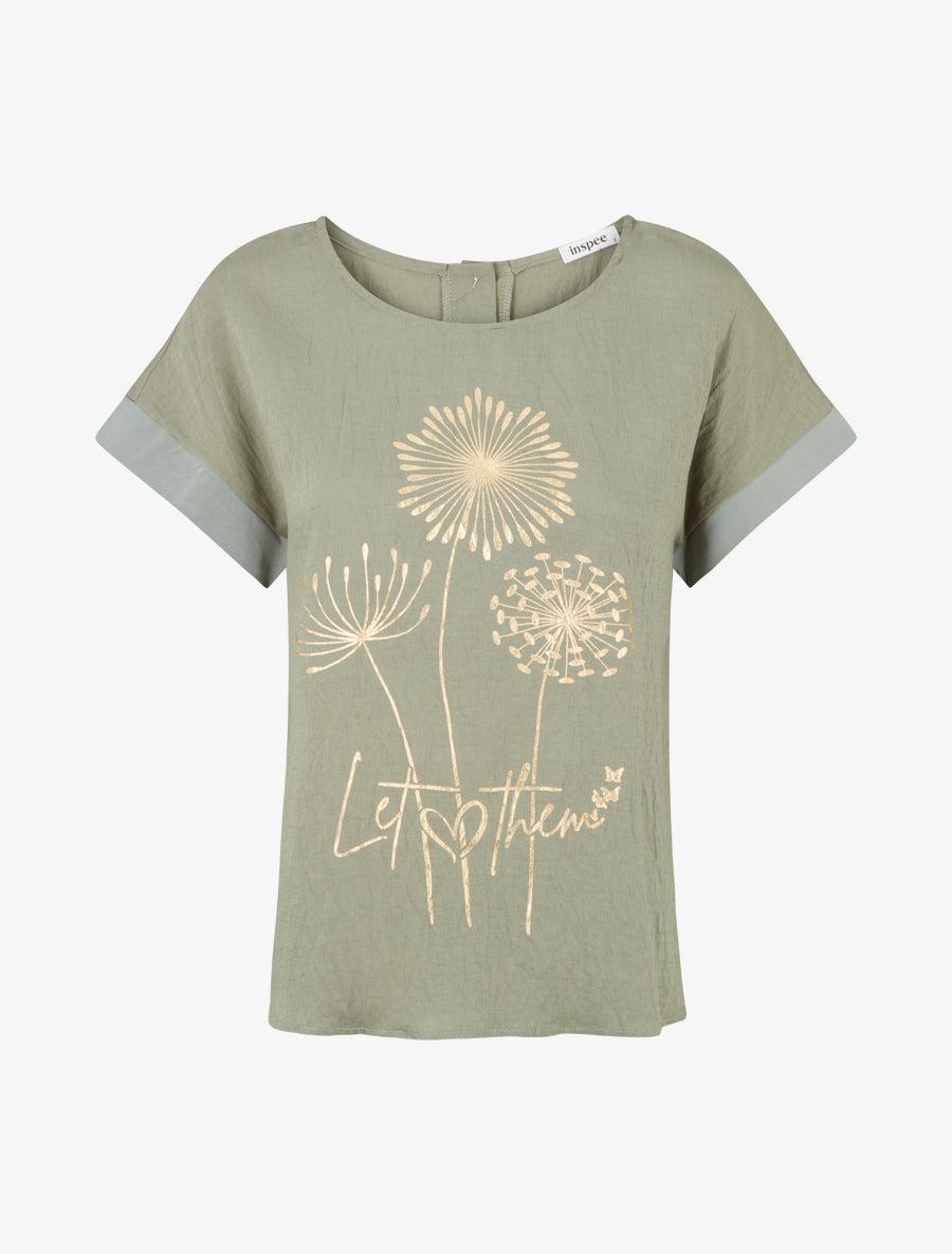 Top manches courtes à flocage pissenlit et message - Kaki - 1