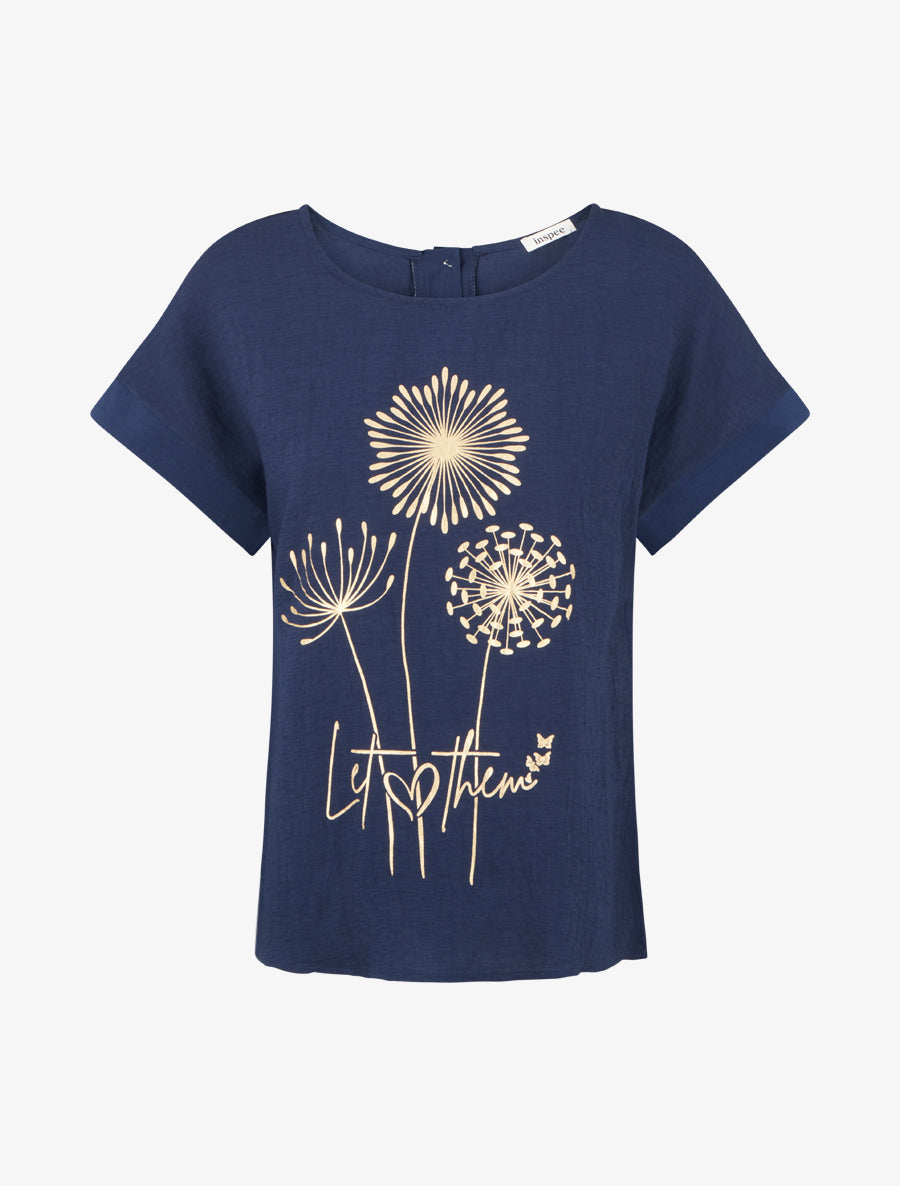 Top manches courtes à flocage pissenlit et message - Marine - 1