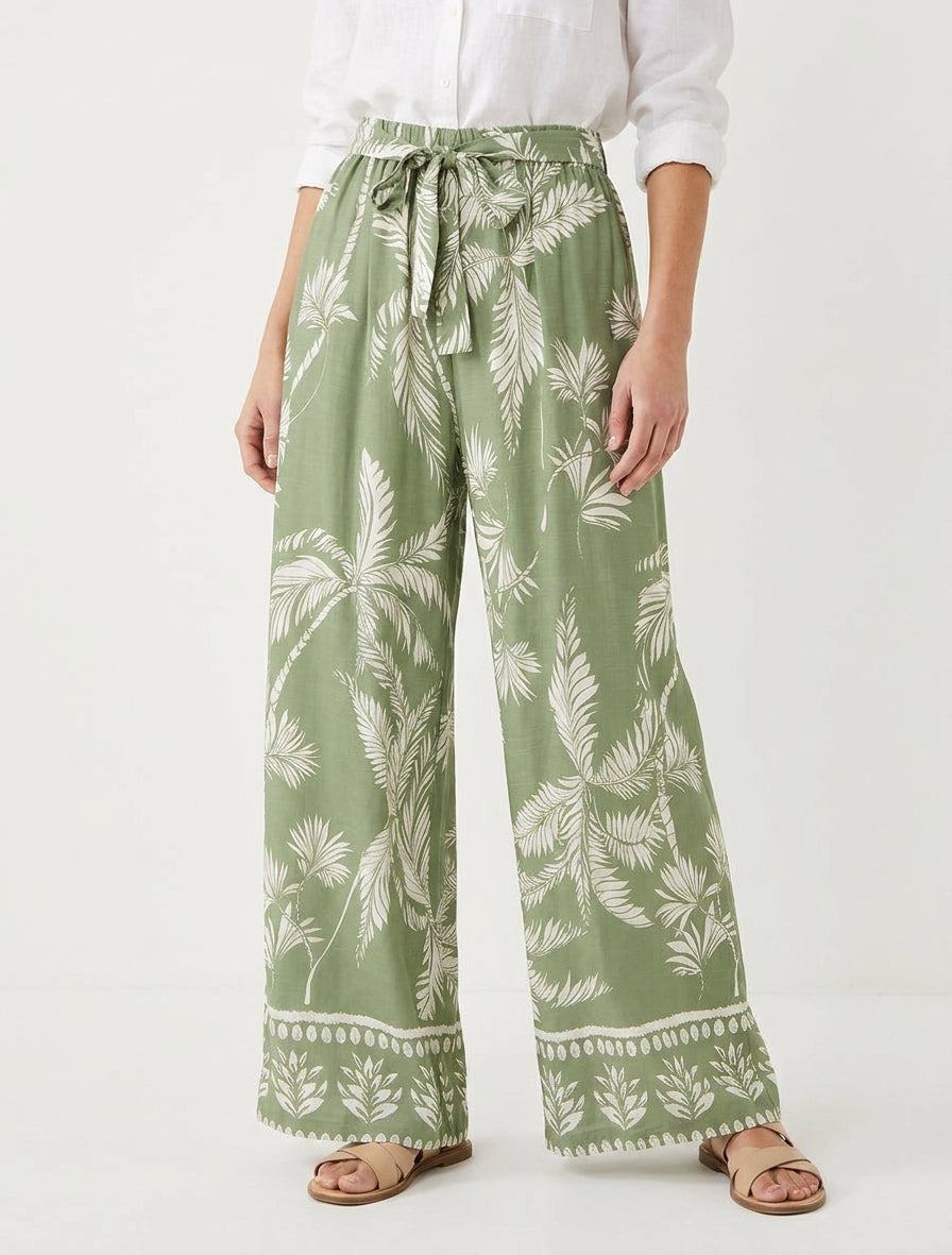 Pantalón elástico fluido estampado de follaje - Caqui