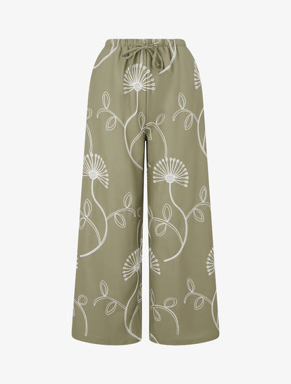 Pantalon ample à broderies florales - Kaki - 1