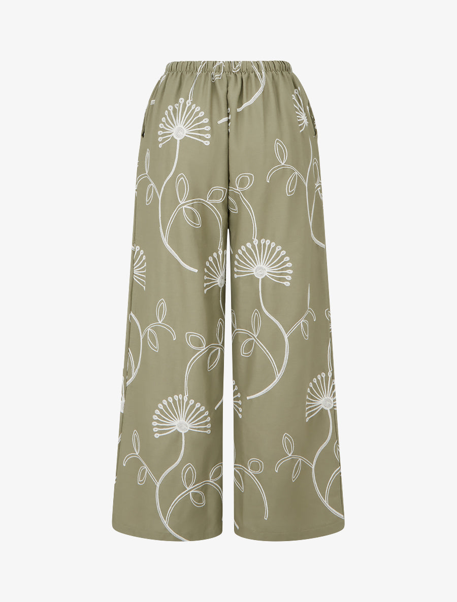 Pantalon ample à broderies florales - Kaki - 2