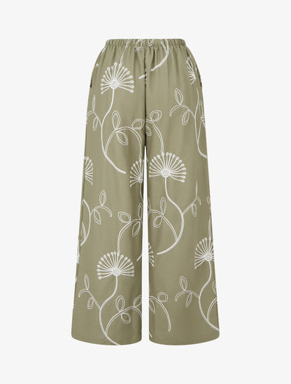 Pantalon ample à broderies florales - Kaki - 2