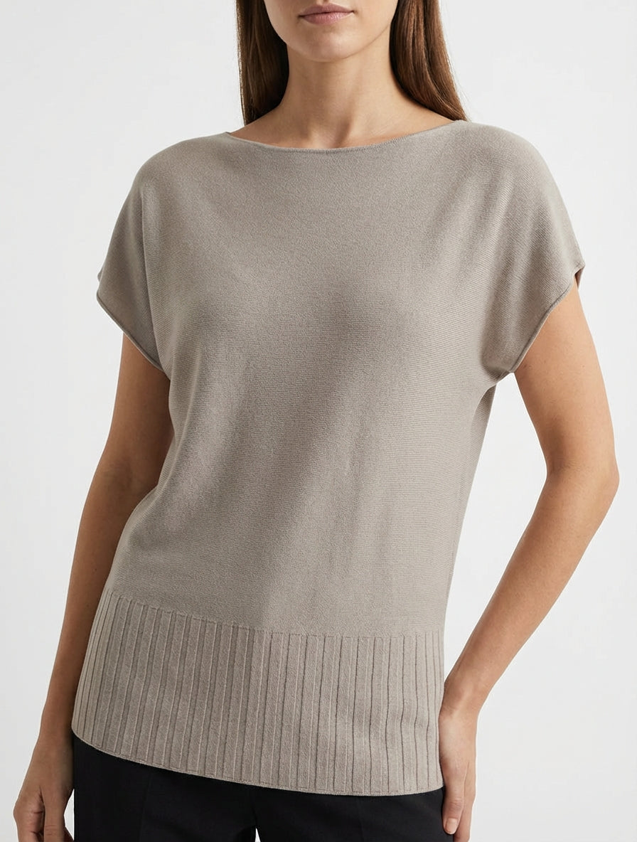 Jersey fino liso con cuello redondo. - Topo