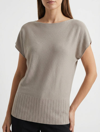 Jersey fino liso con cuello redondo. - Topo