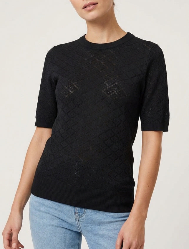 Suéter fino con patrón de rombos calados - Negro