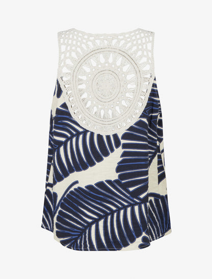 Top imprimé feuille de palmier à bretelles crochet - Marine - 2